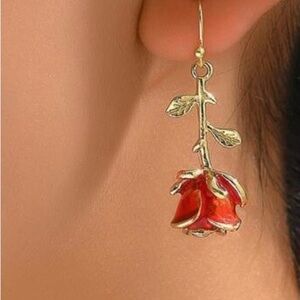 Gold fashion red rose earrings